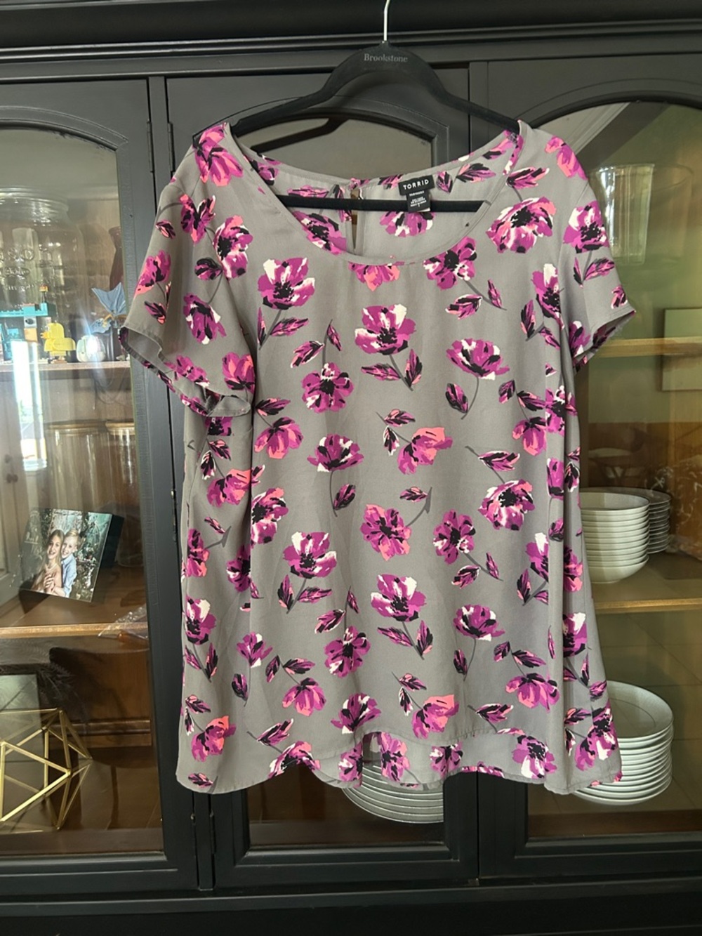 torrid Gray Scoop Neck Blouse with Pink Floral Pattern